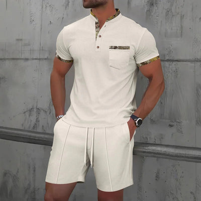 Men’s Casual Set – Slim Fit – Cotton – Button Placket – Patterned Trim – Drawstring Shorts