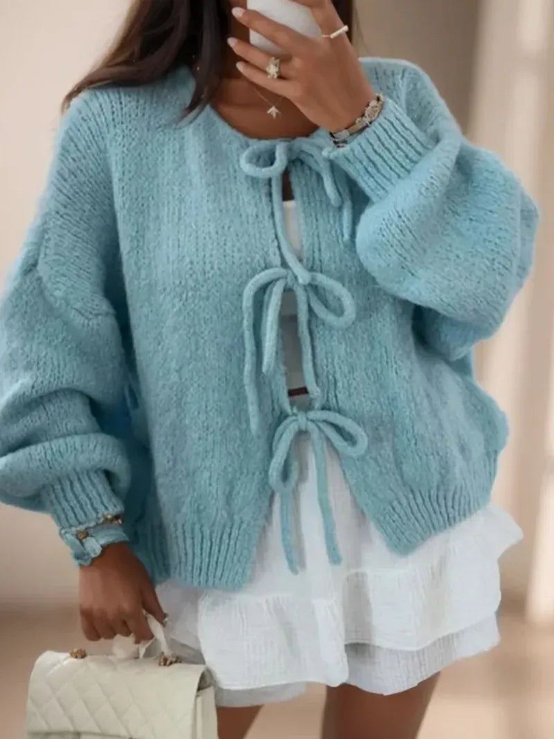 Women’s Cardigan – Wool Knit – Oversized Fit – Balloon Sleeves – Tie Front Boho Style