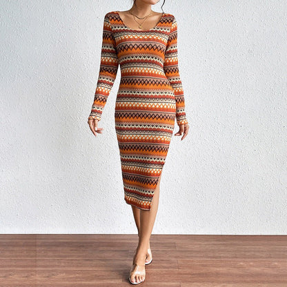 Women’s Midi Dress – Slim Fit – Knit Stretch – Scoop Neck – Long Sleeve – Geometric Pattern – Asymmetric Slit