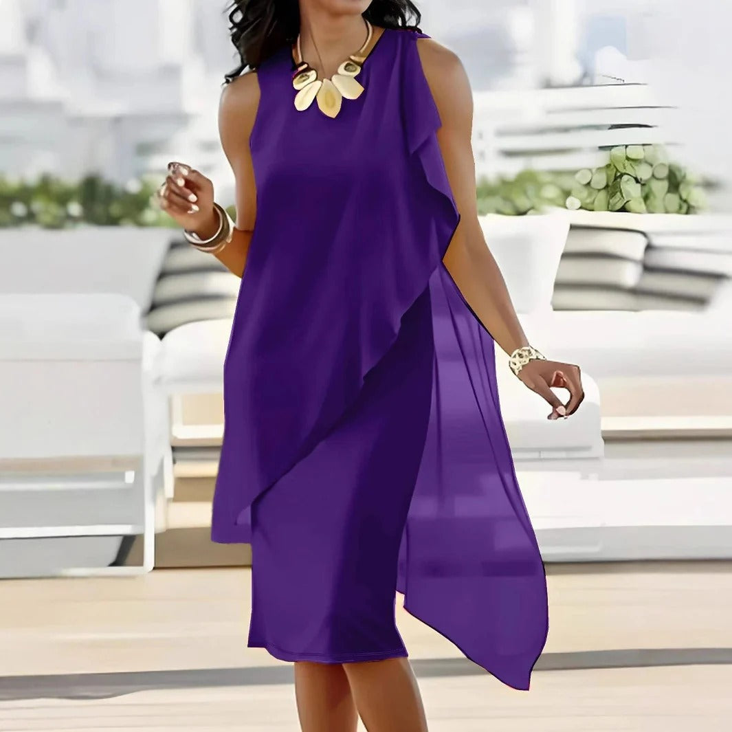 Women’s Evening Dress – Flowing Fit – Sleeveless – Asymmetrical Hem – Midi Length
