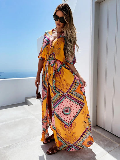 Women’s Maxi Dress – Ethno Pattern – Relaxed Fit – V-Neck – Tie Waist – Mid Sleeve