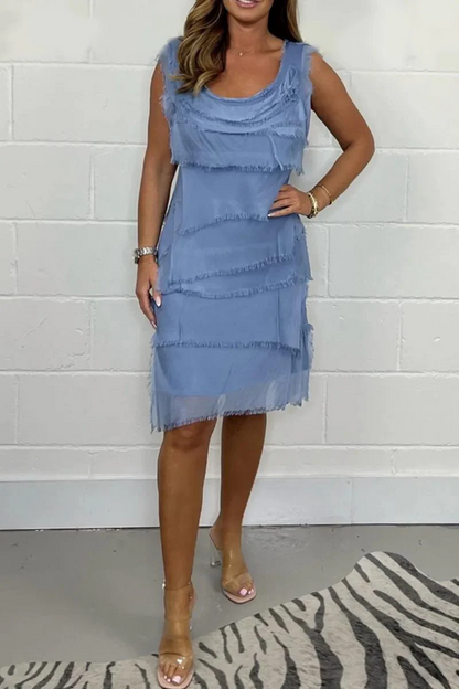 Women’s Sleeveless Dress – Chiffon – Tiered Fringe – Relaxed Fit – Knee Length