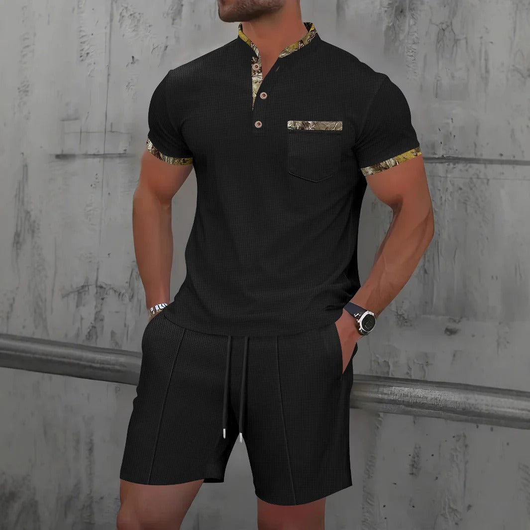 Men’s Casual Set – Slim Fit – Cotton – Button Placket – Patterned Trim – Drawstring Shorts
