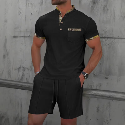 Men’s Casual Set – Slim Fit – Cotton – Button Placket – Patterned Trim – Drawstring Shorts