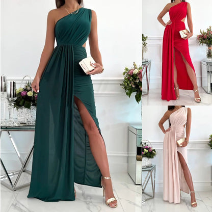 Women’s Maxi Dress – One Shoulder – Draped Bodice – Cut-Out Waist – Side Slit Fit