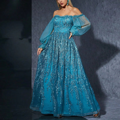 Women’s Evening Gown – Off-Shoulder – Embroidered Sheer Sleeves – Full-Length Skirt