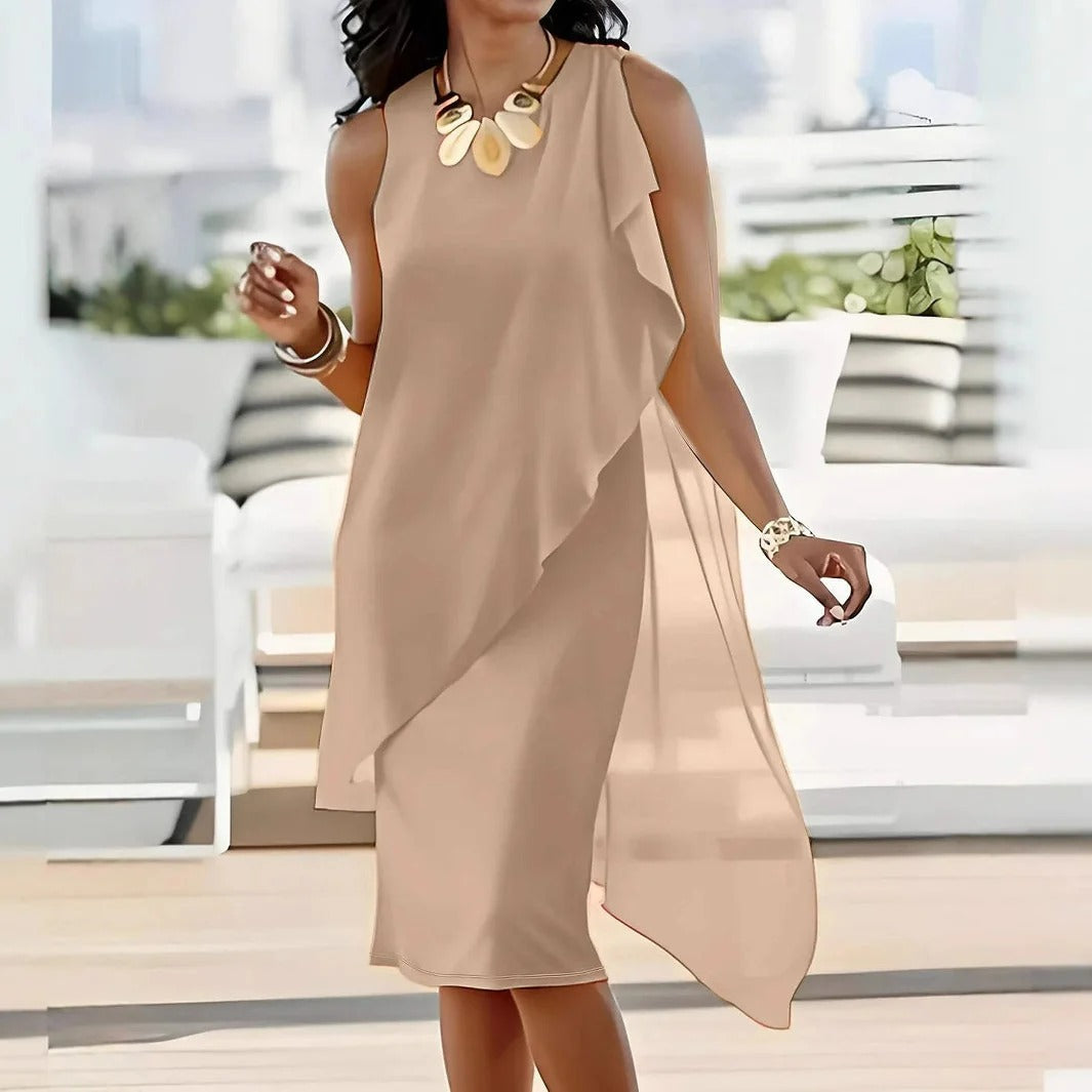 Women’s Evening Dress – Flowing Fit – Sleeveless – Asymmetrical Hem – Midi Length