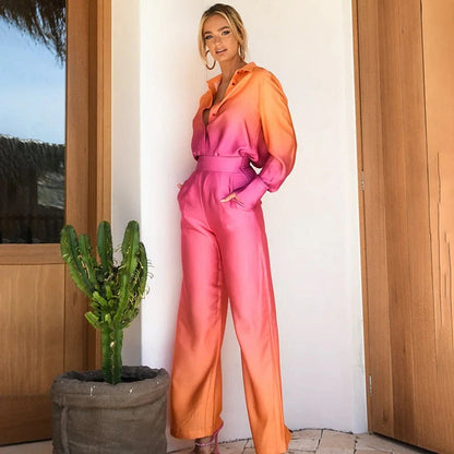 Women’s Two-Piece Set – Satin – Relaxed Fit – Belted Waist – Wide Leg – Long Sleeve