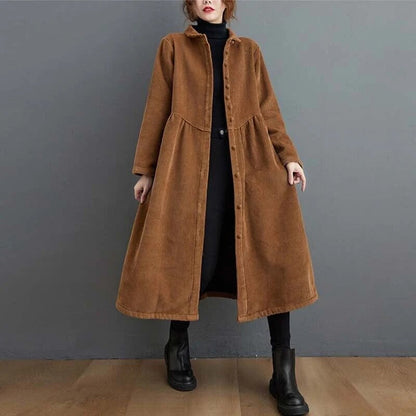 Women’s Corduroy Coat – Oversized Fit – Button Down – Calf Length – Ribbed Texture