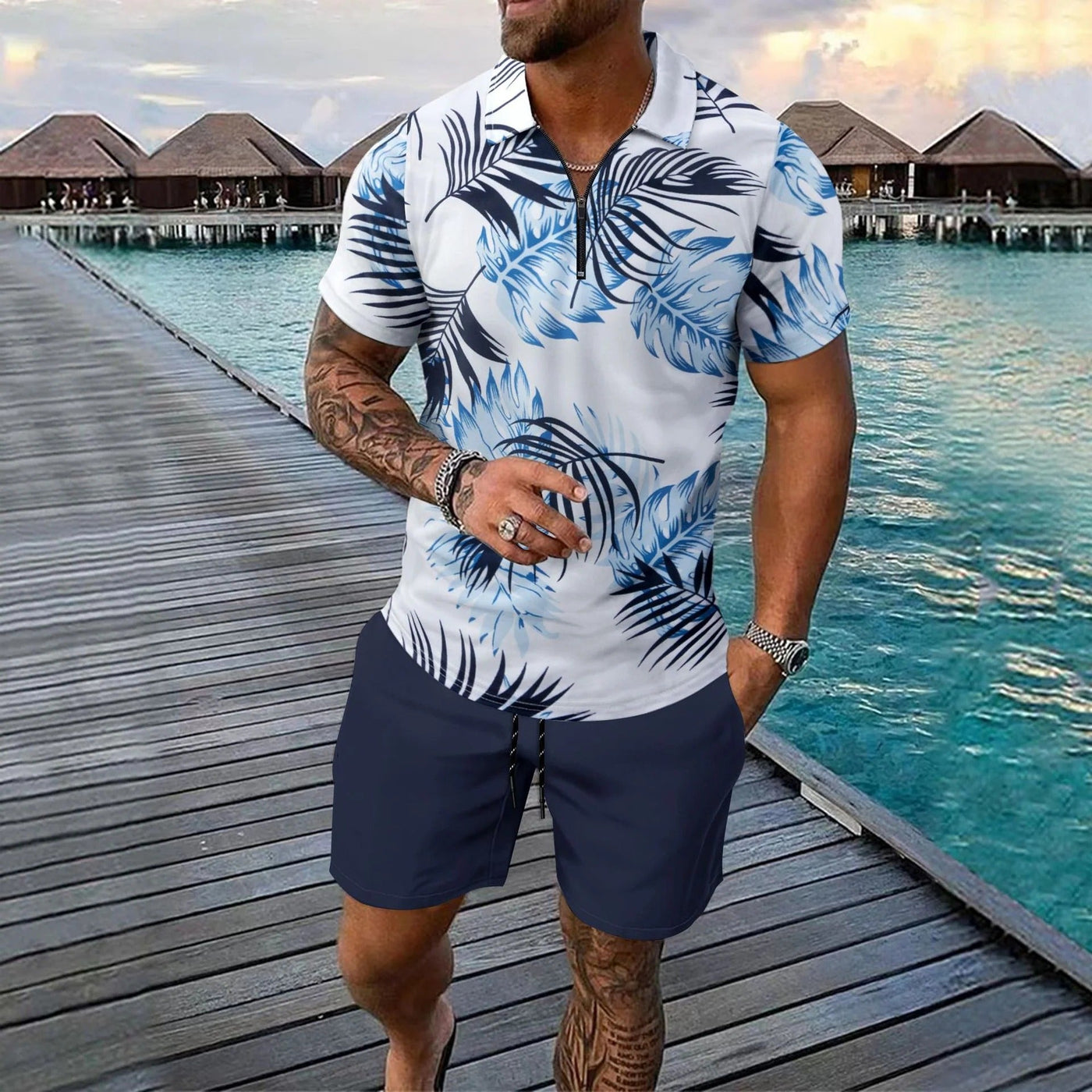 Men’s Polo Shirt and Short Set – Slim Fit – Zip Neck – Tropical Print
