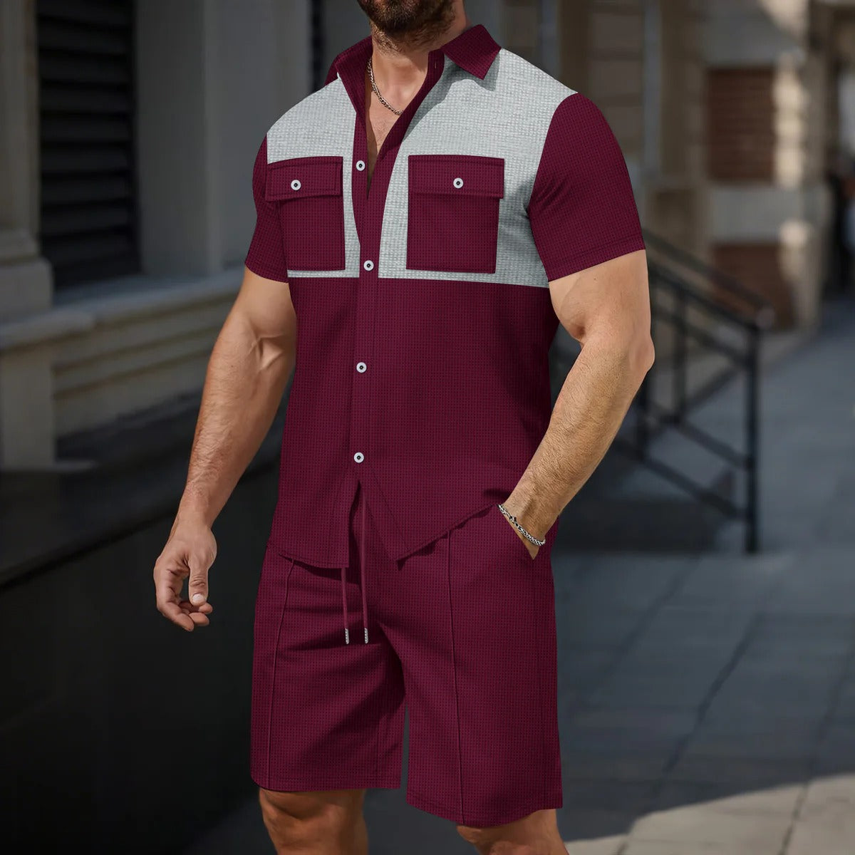 Men's Shorts Casual Set – Short-Sleeve Shirt – Cotton – Regular Fit – Chest Pockets – Contrast Detail
