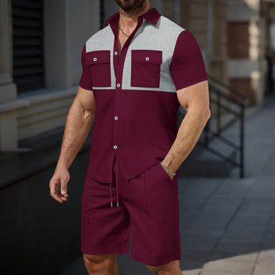 Men's Shorts Casual Set – Short-Sleeve Shirt – Cotton – Regular Fit – Chest Pockets – Contrast Detail
