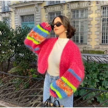 Women’s Knitted Cardigan – Wool Blend – Cropped Fit – Open Front – Balloon Sleeves