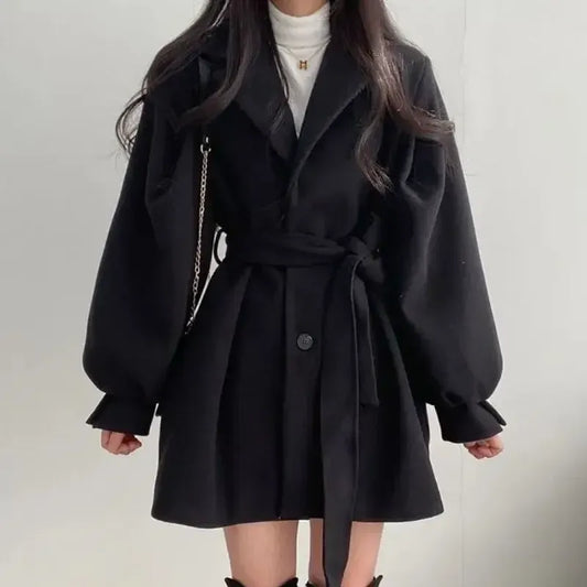 Women’s Trench Coat – Wool Blend – Belted Waist – Wide Lapel – Mid Length Fit