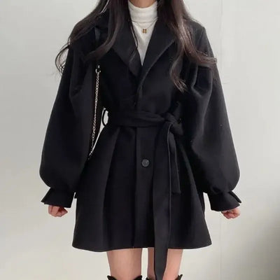 Women’s Trench Coat – Wool Blend – Belted Waist – Wide Lapel – Mid Length Fit