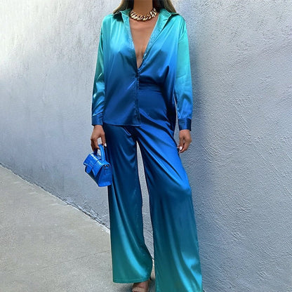 Women’s Two-Piece Set – Satin – Relaxed Fit – Belted Waist – Wide Leg – Long Sleeve