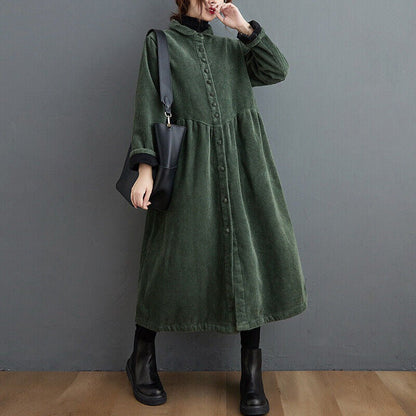 Women’s Corduroy Coat – Oversized Fit – Button Down – Calf Length – Ribbed Texture