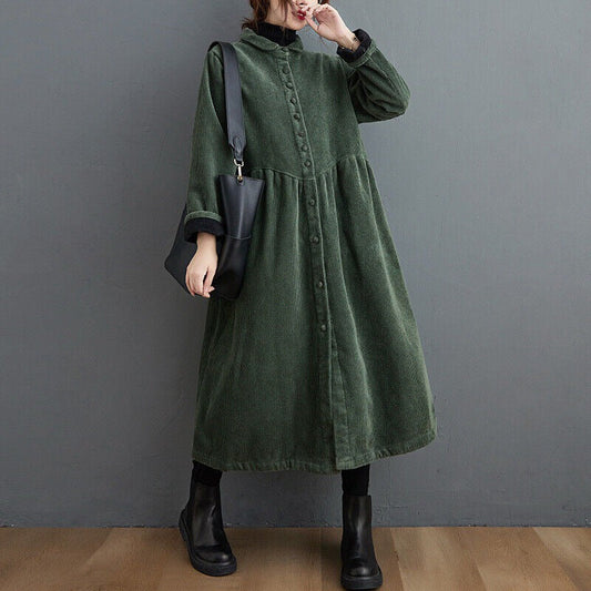 Women’s Corduroy Coat – Oversized Fit – Button Down – Calf Length – Ribbed Texture