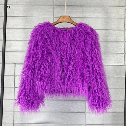 Women’s Short Jacket – Oversized Fit – Shaggy Faux Fur Texture – Cropped Style