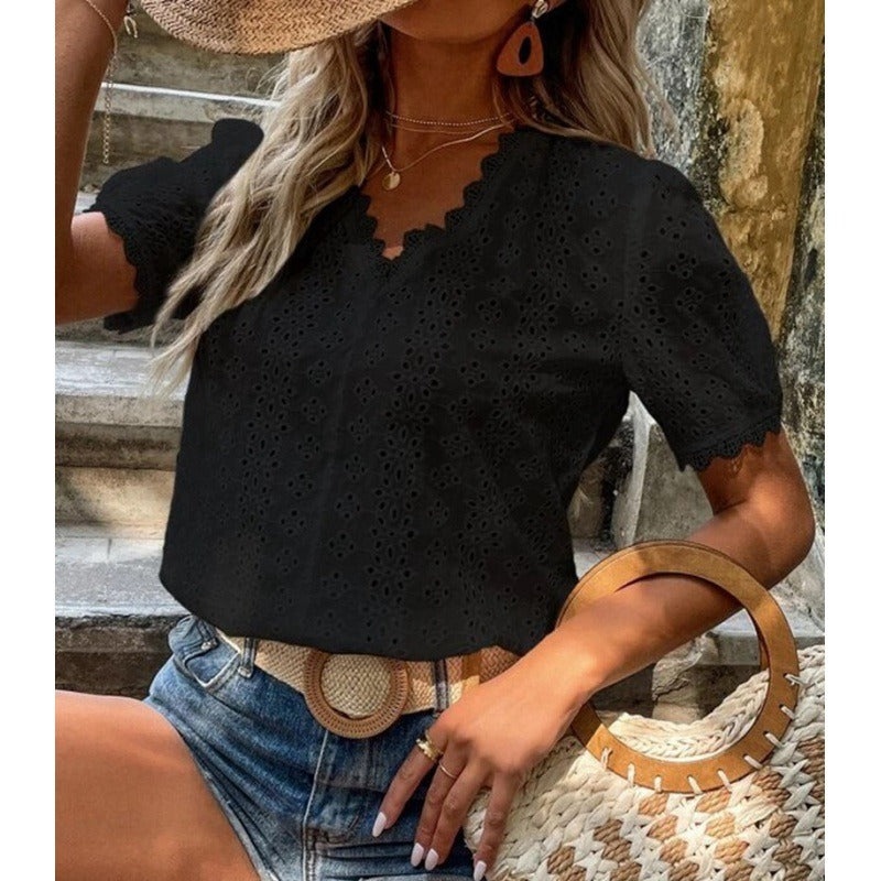 Women’s Short Sleeve Shirt – Relaxed Fit – Eyelet Cotton – Scalloped V-Neck – Puff Sleeves
