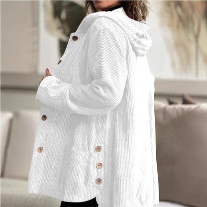 Women’s Hooded Jacket – Corduroy – Loose Fit – Button Front – Mid-Thigh Length
