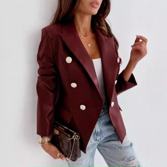 Women’s Blazer – Tailored Fit – Faux Leather – Double-Breasted – Structured Shoulder