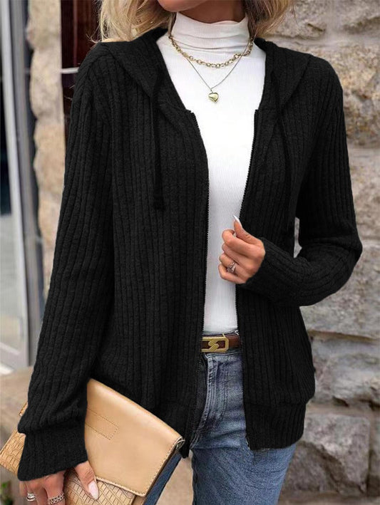 Women’s Knit Sweater – Relaxed Fit – Ribbed Texture – Zip Front – Hooded – Long Sleeve