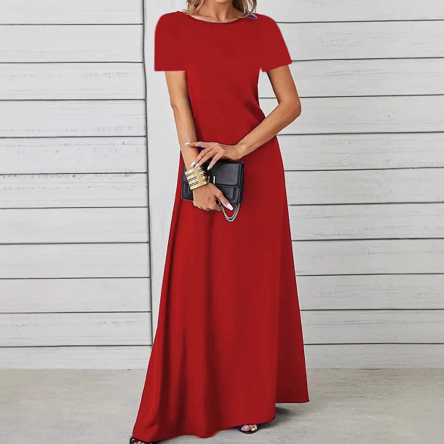 Women’s Maxi Dress – Slim Fit – Short Sleeve – Cotton Feel – Round Neck Casual Wear