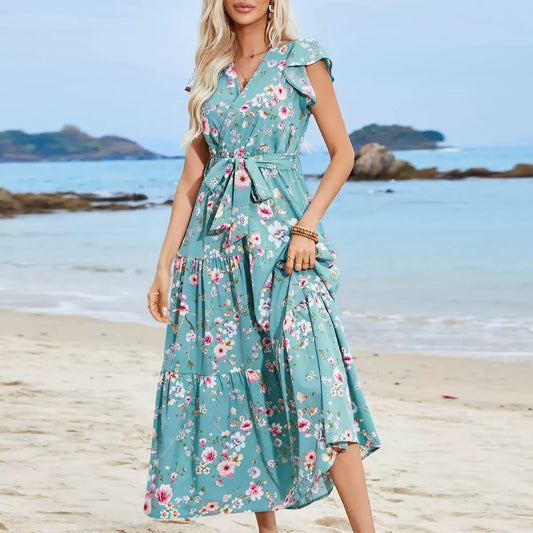 Women’s Maxi Dress – Floral Print – V-Neck – Tie Waist – Ruffled Sleeves – Tiered Skirt
