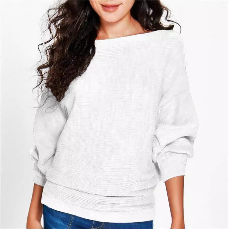 Women’s Sweatshirt – Relaxed Fit – Ribbed Knit – Boat Neck – Long Sleeve Casual Style