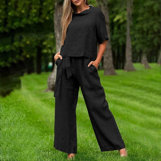 Women’s Two-Piece Set – Relaxed Fit – Short Sleeve Top – Wide-Leg Trousers – Cotton