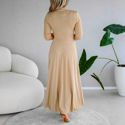 Women’s Maxi Dress – Fit and Flare – V-Neck Wrap with Buckle – Three-Quarter Sleeve