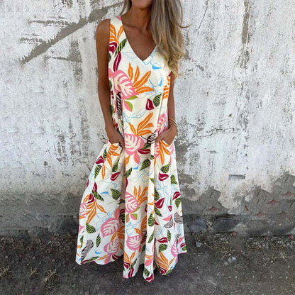 Women’s Sleeveless Dress – Relaxed Fit – Full Length – V-Neck – Leaf Pattern – Cotton