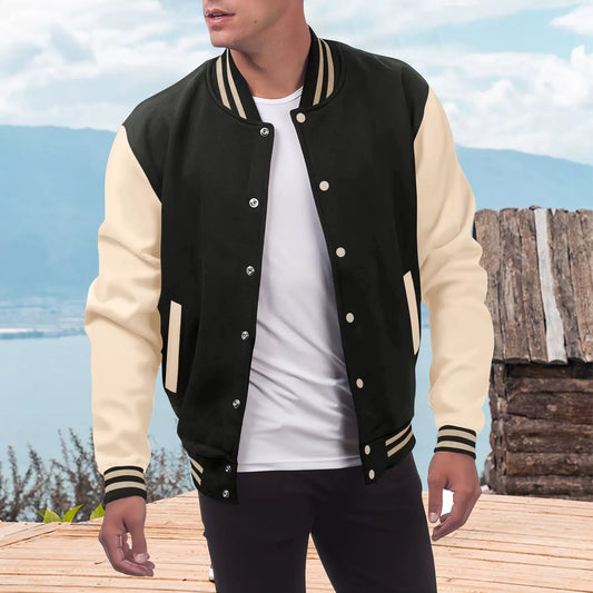 Men’s Varsity Jacket – Wool Blend – Faux Leather Sleeves – Relaxed Fit – Snap Front