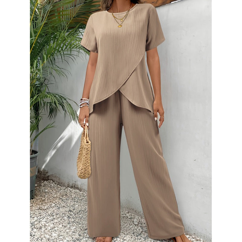 Women’s Two-Piece Set – Pleated Texture – Relaxed Fit – Asymmetric Top – Wide-Leg Trousers