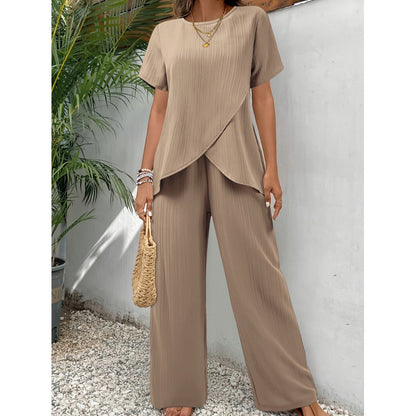 Women’s Two-Piece Set – Pleated Texture – Relaxed Fit – Asymmetric Top – Wide-Leg Trousers