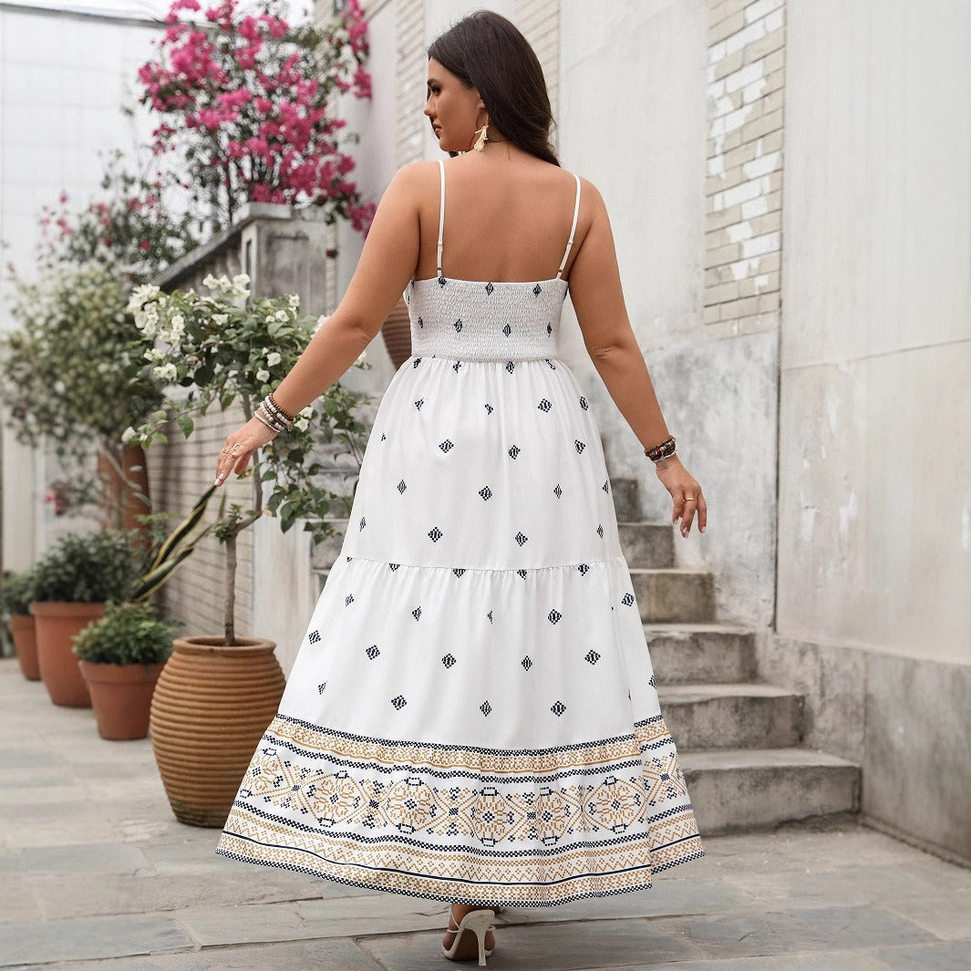 Women’s Maxi Dress – Flowy Fit – Shirred Waist – V-Neck – Geometric Print – Cotton