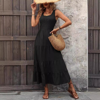 Women’s Suspender Dress – A-Line Fit – Smocked Bodice – Tiered Pleated Midi Skirt – Spaghetti Straps