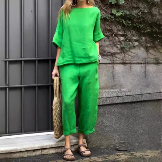 Women’s Trousers Suit – Relaxed Fit – Cotton Linen – Round Neck Top – Cropped Leg