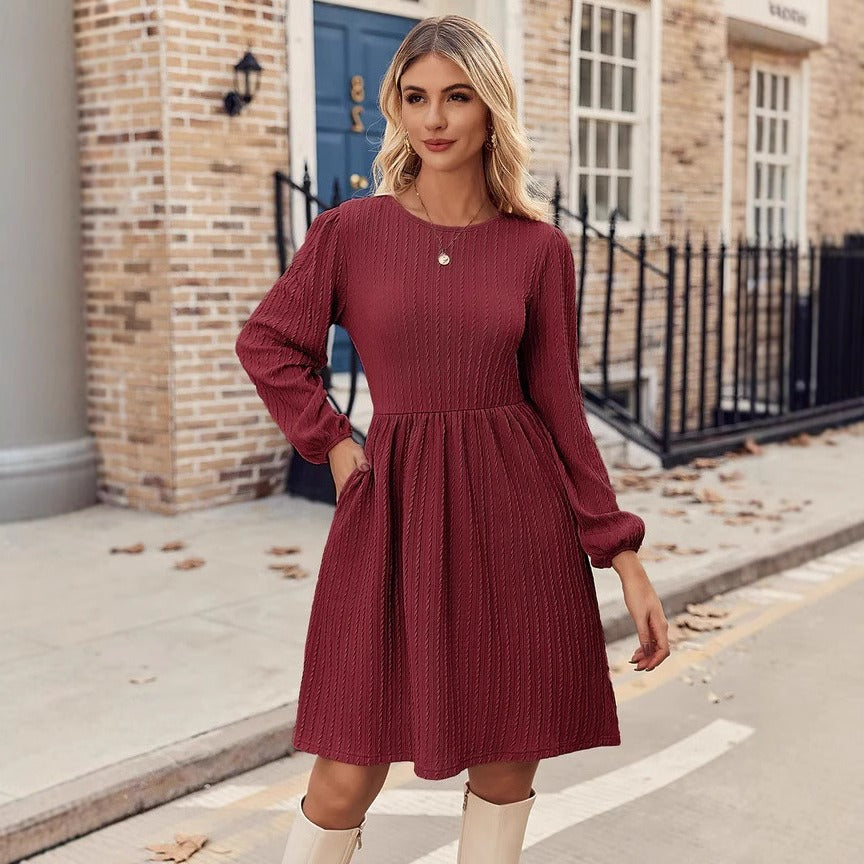 Women’s Knit Dress – Jacquard Texture – Fit and Flare – Puff Sleeve – Midi Length