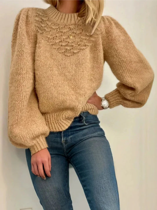 Women’s Pullover Sweater – Wool Knit – Relaxed Fit – Lantern Sleeves – Ribbed Crew Neck