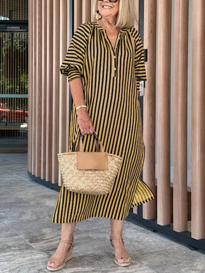 Women’s Midi Dress – V-Neck – Flutter Sleeve – Striped – Relaxed Fit – Cotton Blend