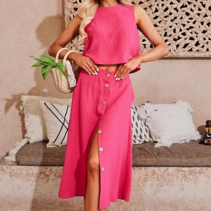 Women’s Two-Piece Set – Relaxed Fit Crop Top – Button-Front Midi Skirt – Cotton Blend