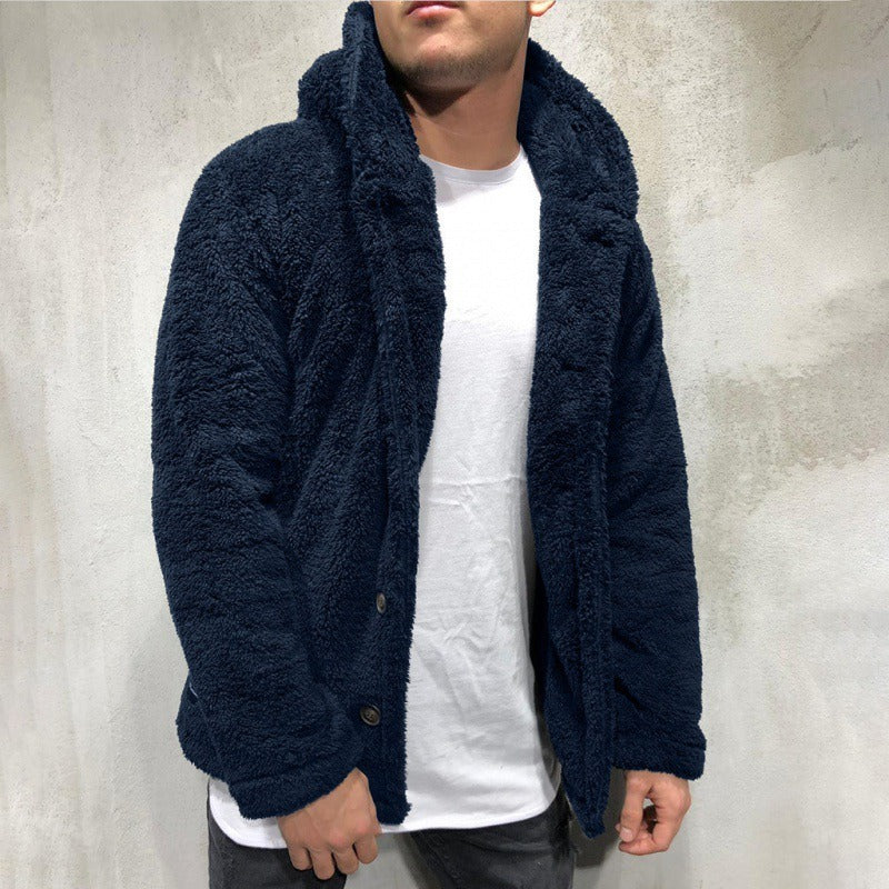 Men’s Hooded Jacket – Fleece Texture – Relaxed Fit – Button Front Casual Outerwear