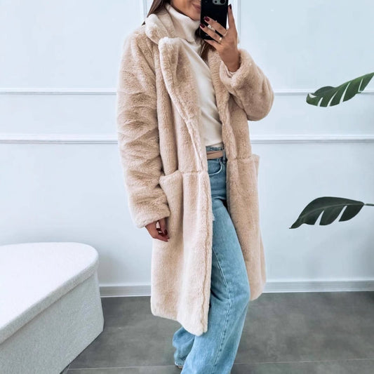 Women’s Long Coat – Plush Feel – Oversized Fit – Wide Lapel – Front Pockets