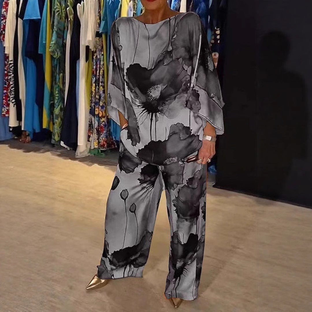 Women’s Pants Set – Wide Leg Trousers – Batwing Sleeve Top – Silky Abstract Print