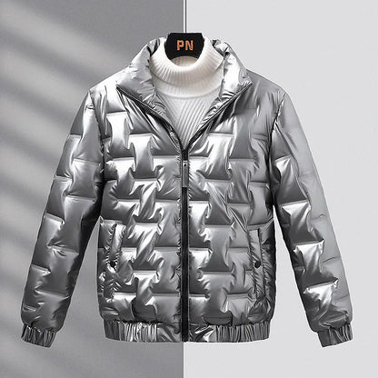 Men’s Coat – Slim Fit – Quilted Shiny Finish – Stand Collar – Ribbed Cuffs & Hem
