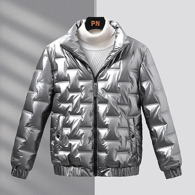 Men’s Coat – Slim Fit – Quilted Shiny Finish – Stand Collar – Ribbed Cuffs & Hem