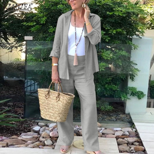 Women’s Two-Piece Set – Linen Blend – Relaxed Fit – Open Shirt & Wide-Leg Trousers