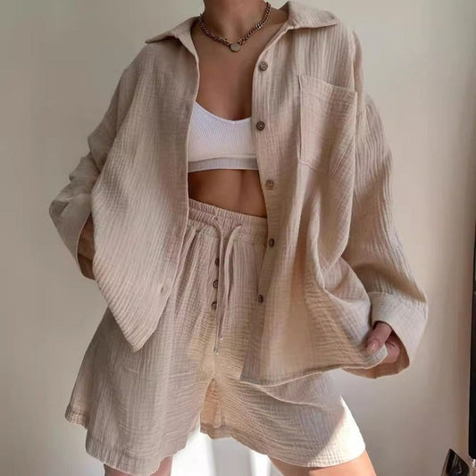 Women’s Two-Piece Set – Oversized Shirt and Drawstring Shorts – Cotton Feel – Relaxed Fit